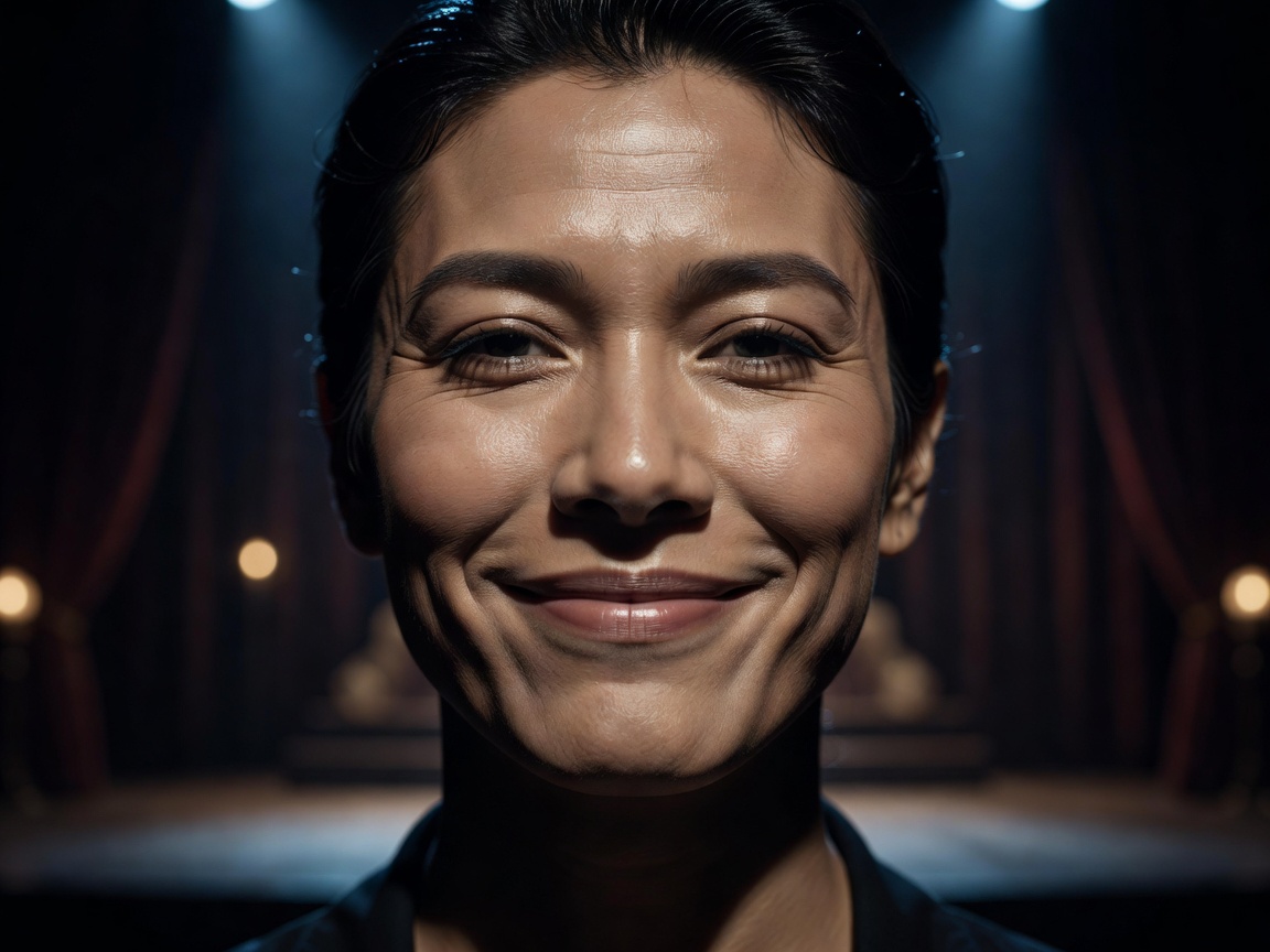 A performer's polite smile holding after an uncomfortable remark